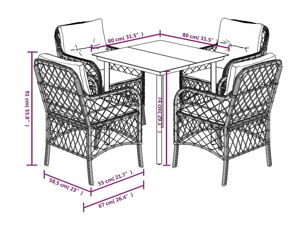 André  5-delige Tuinset met kussens poly rattan zwart