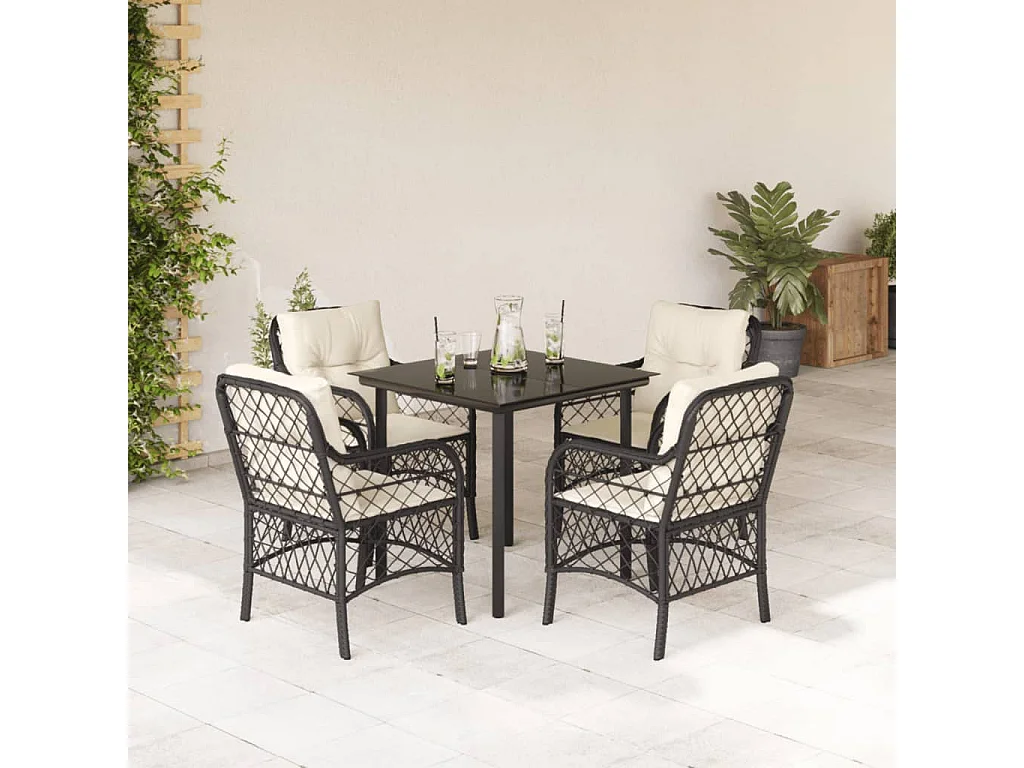 André  Ensemble à manger de jardin coussins 5pcs Noir Résine tressée