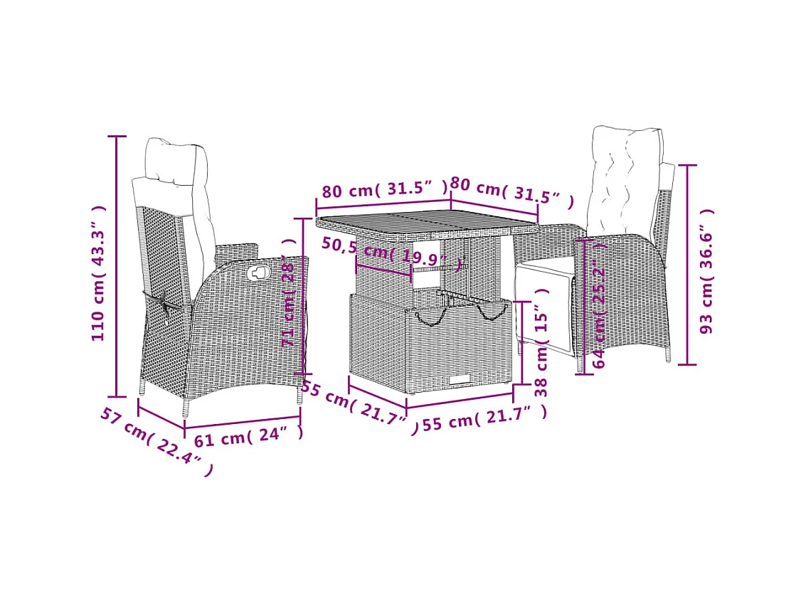 Myrvin  Ensemble à manger de jardin 3 pcs coussins gris résine tressée