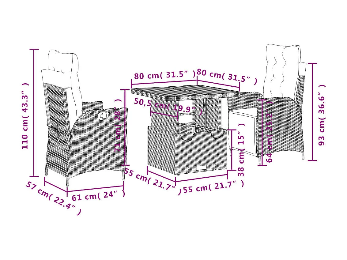 Myrvin  Ensemble à manger de jardin 3 pcs coussins gris résine tressée