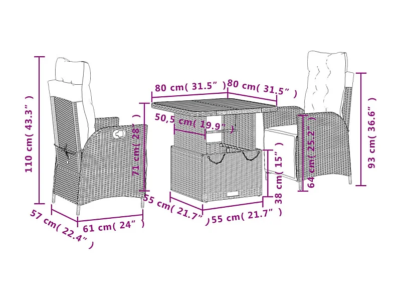 Myrvin  Ensemble à manger de jardin 3 pcs coussins gris résine tressée
