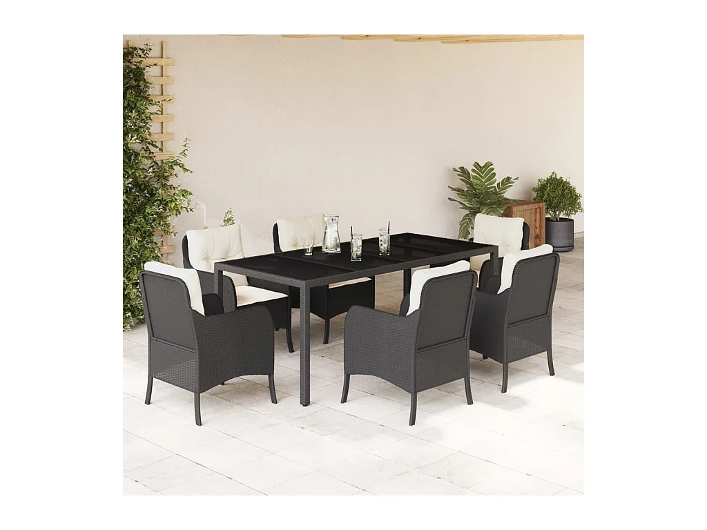 Marco Gianluca  Ensemble à manger de jardin coussins 7pcs Noir Résine tressée