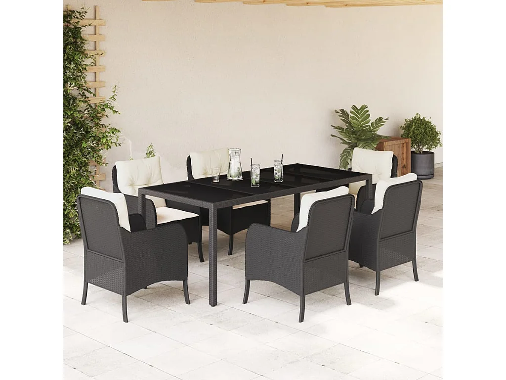 Marco Gianluca  Ensemble à manger de jardin coussins 7pcs Noir Résine tressée