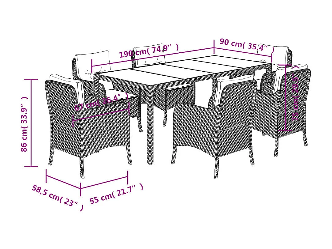 Marco Gianluca  Ensemble à manger de jardin coussins 7pcs Noir Résine tressée