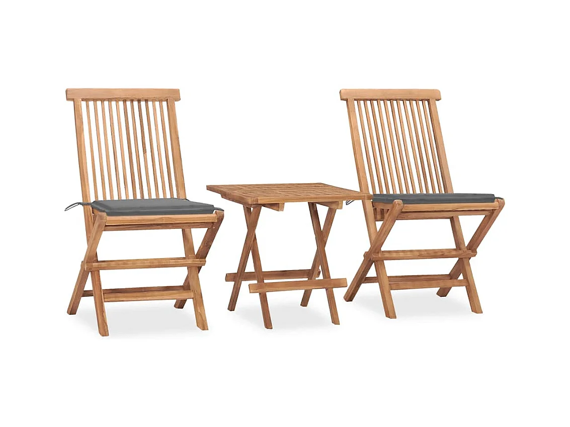 Tigard  Set comedor de jardín plegable 3 piezas madera de teca cojines