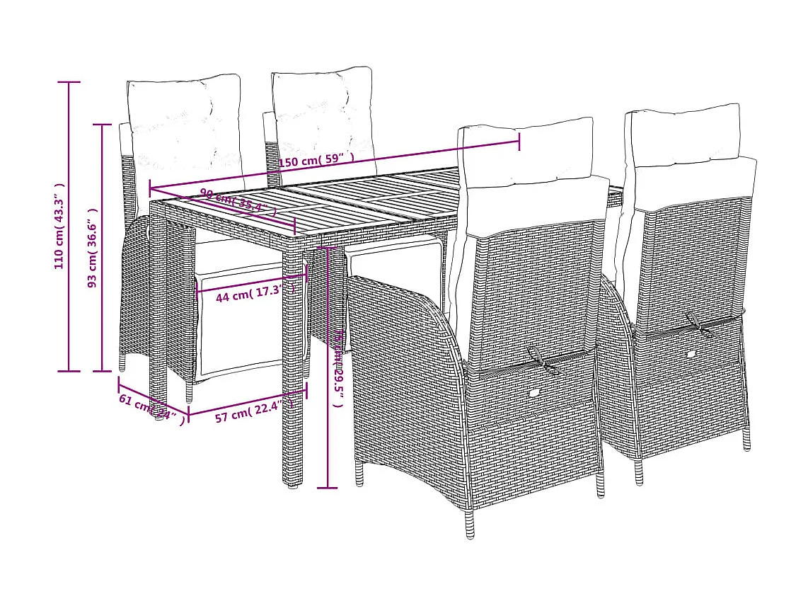 Wanda  Set comedor de jardín 5 piezas con cojines ratán sintético gris