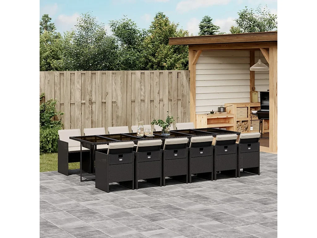Ljungby  Ensemble à manger de jardin 13 pcs coussins noir résine tressée