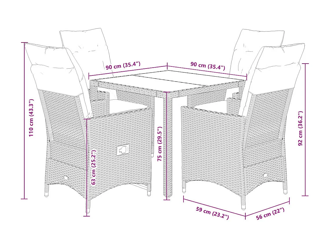 Alden  Set comedor de jardín 5 piezas y cojines ratán sintético marrón