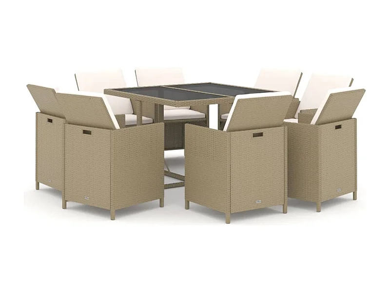 Hugo  Set comedor de jardín 9 pzas con cojines ratán sintético beige