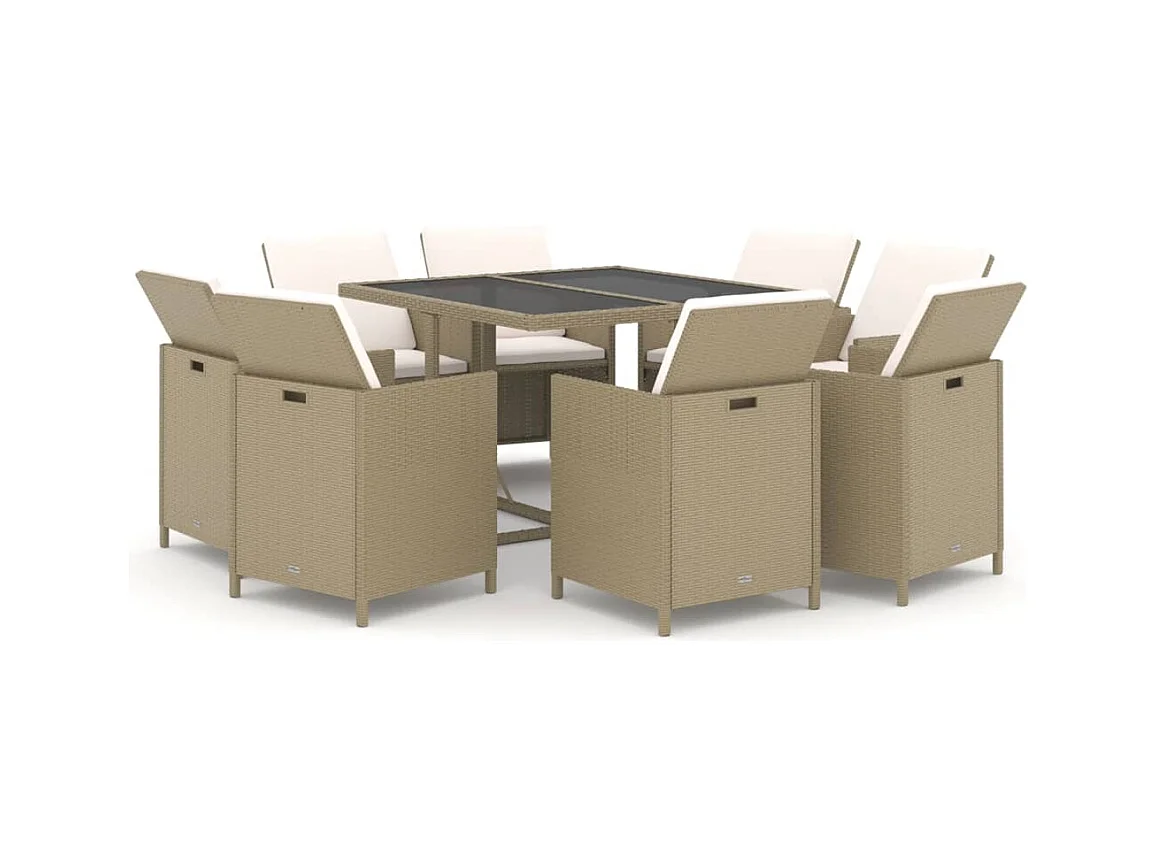 Hugo  Ensemble à manger de jardin et coussins 9 pcs Poly rotin Beige