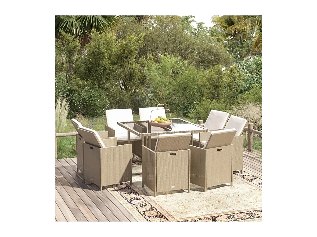 Hugo  Ensemble à manger de jardin et coussins 9 pcs Poly rotin Beige