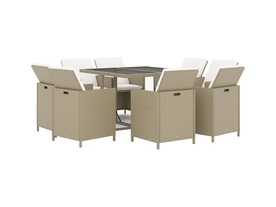 Hugo  Ensemble à manger de jardin et coussins 9 pcs Poly rotin Beige