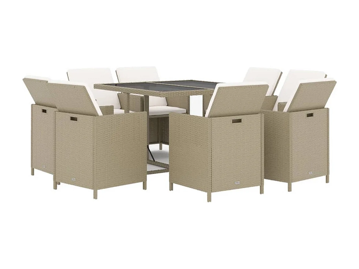 Hugo  Ensemble à manger de jardin et coussins 9 pcs Poly rotin Beige