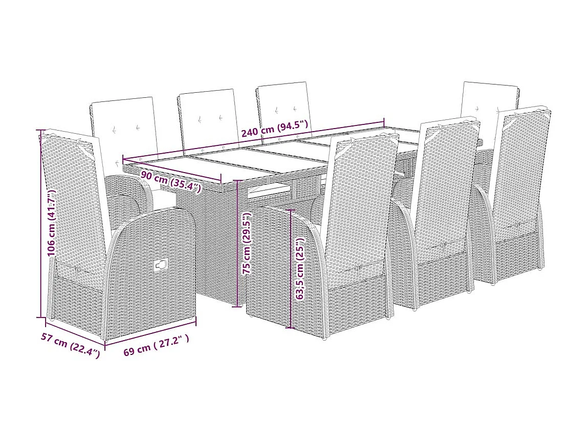 Central Valley  Ensemble à manger de jardin 9 pcs coussins gris résine tressée
