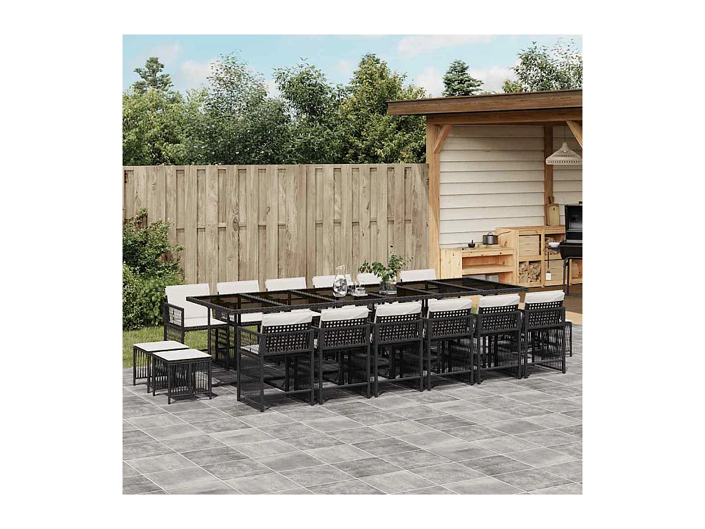 Laura Lucía  Ensemble à manger de jardin 17 pcs coussins noir résine tressée