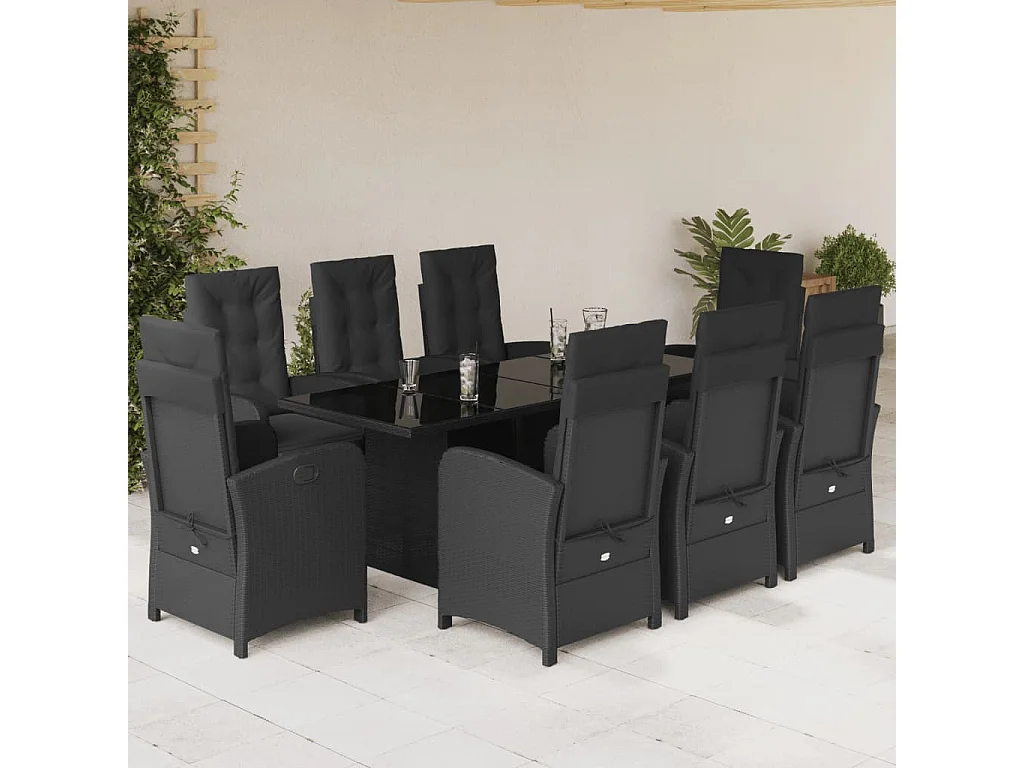 Thomian  Ensemble à manger de jardin 9pcs coussins noir résine tressée