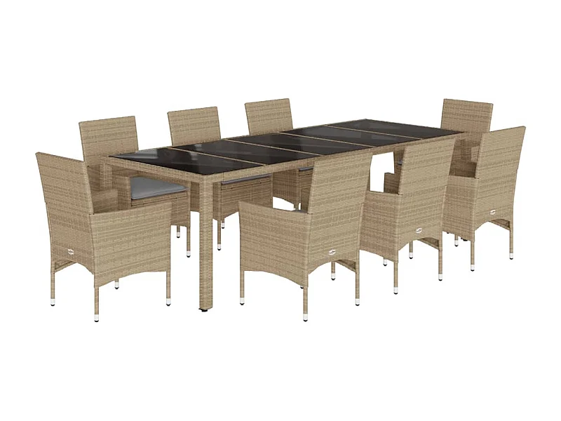 Ulric  9-delige Tuinset met kussens poly rattan en glas beige