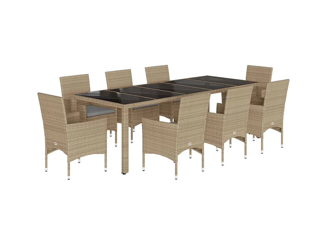 Ulric  Ensemble à manger de jardin et coussins 9 pcs beige rotin verre