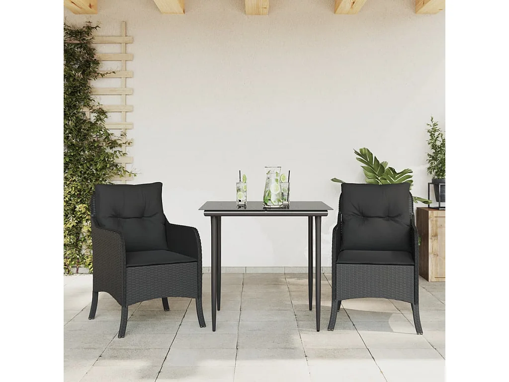 Tavian  Set comedor de jardín 3 pzas con cojines ratán sintético negro