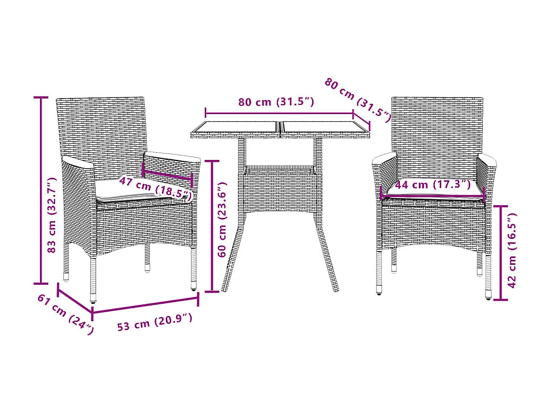 Motta Sant'Anastasia  Ensemble à manger de jardin et coussins 3 pcs gris rotin verre
