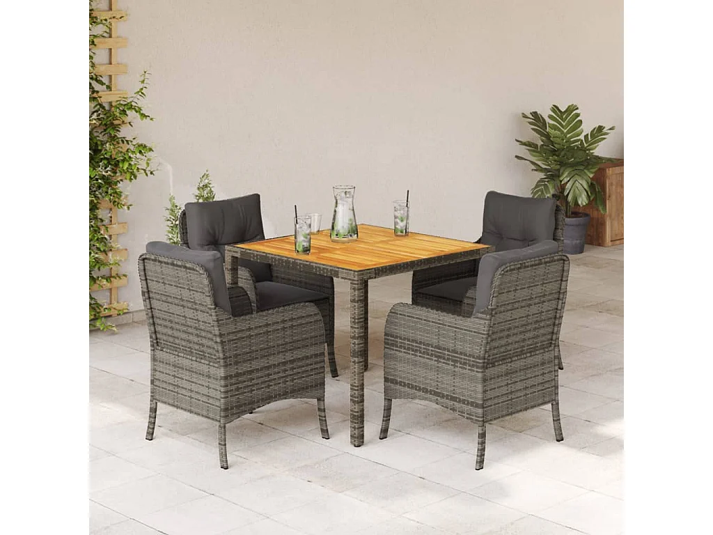 Waalre  Ensemble à manger de jardin 5 pcs coussins gris résine tressée