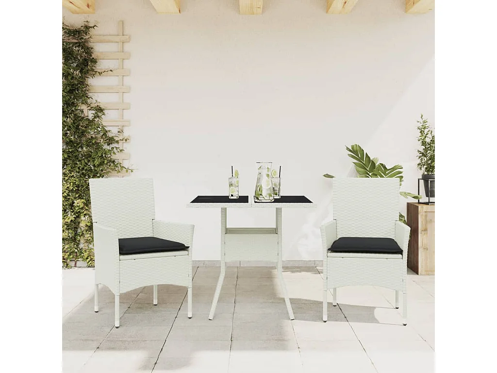 Yorba Linda  Ensemble à manger de jardin et coussins 3 pcs blanc rotin verre