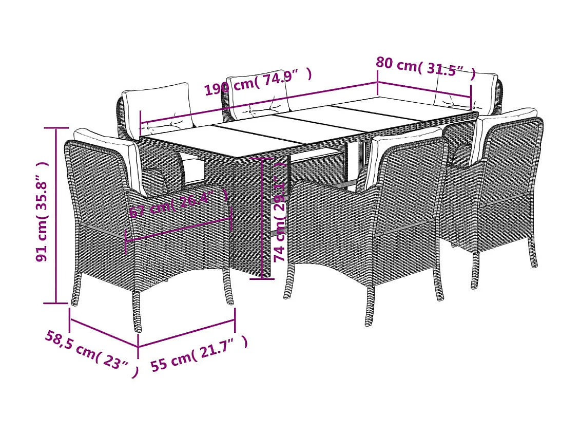 Karlyn  7-delige Tuinset met kussens poly rattan bruin