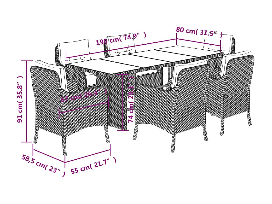 Karlyn  Ensemble à manger de jardin et coussins 7 pcs marron rotin