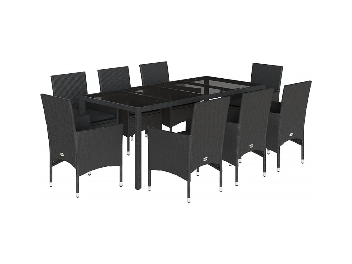 Stafford Springs  Ensemble à manger de jardin et coussins 9 pcs noir rotin verre