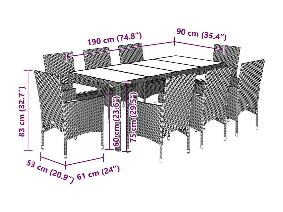 Stafford Springs  Ensemble à manger de jardin et coussins 9 pcs noir rotin verre