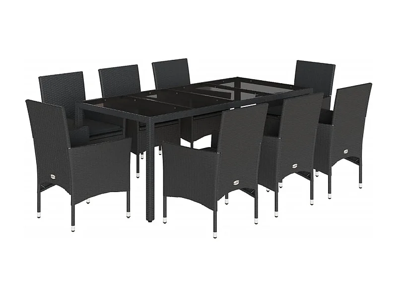 Stafford Springs  Ensemble à manger de jardin et coussins 9 pcs noir rotin verre