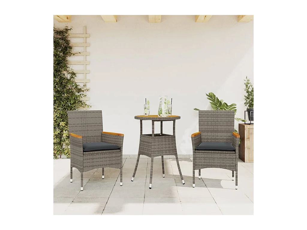 Butler  Ensemble à manger de jardin et coussins 3 pcs gris rotin acacia