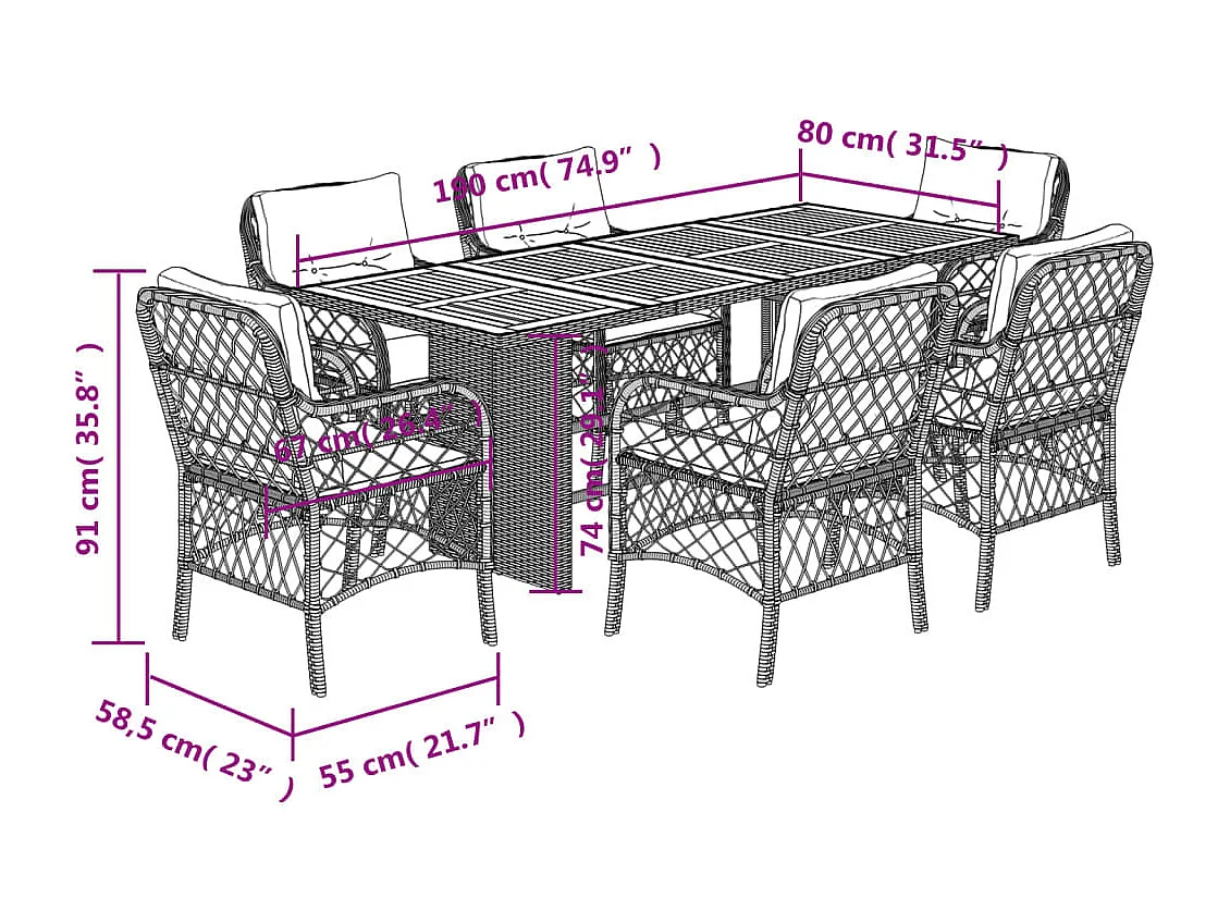 Fort Bragg  7-delige Tuinset met kussens poly rattan grijs