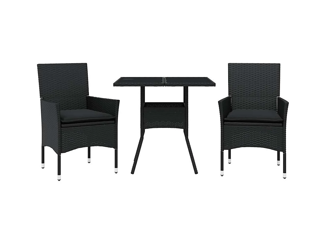 Yorba Linda  Ensemble à manger de jardin et coussins 3 pcs noir rotin verre
