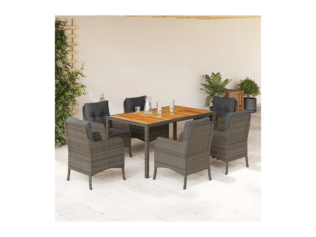 Waalre  Ensemble à manger de jardin et coussins 7 pcs gris rotin