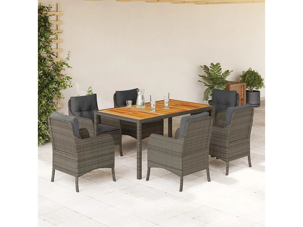 Waalre  Ensemble à manger de jardin et coussins 7 pcs gris rotin