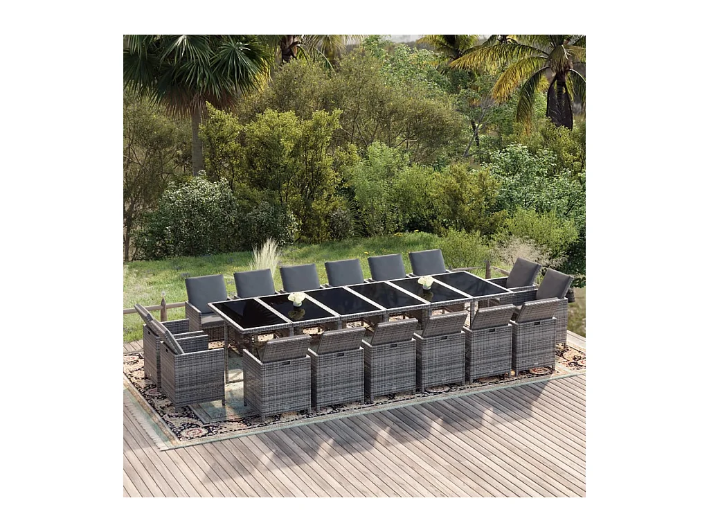 Andaril  Ensemble à manger de jardin coussins 17 pcs Résine tressée Gris