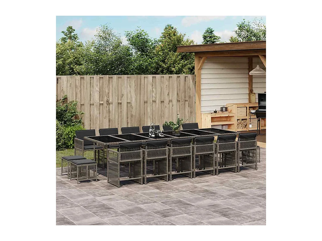 Laura Lucía  Set comedor de jardín 17 pzas y cojines ratán sintético gris