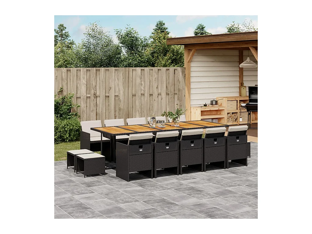 Bonno  Ensemble à manger de jardin 15 pcs coussins noir résine tressée