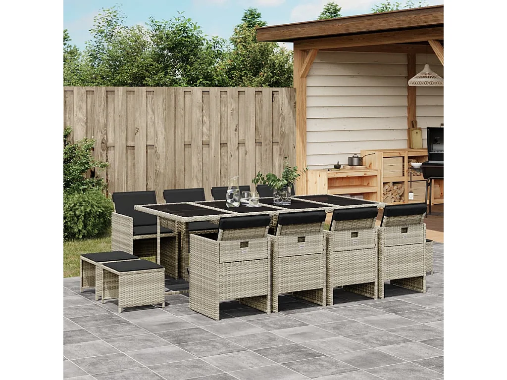 Bonno  Ensemble à manger de jardin et coussins 13 pcs gris clair rotin