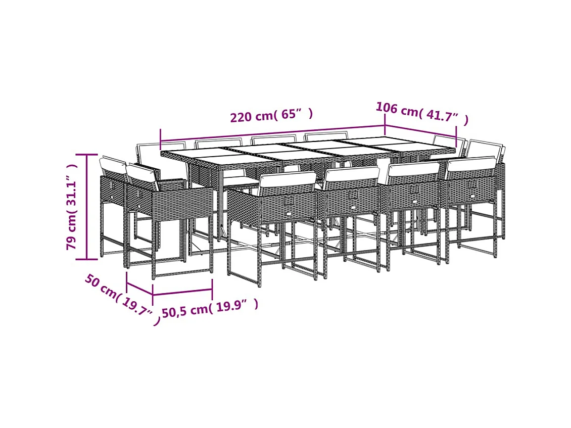 Brienne  Ensemble à manger de jardin avec coussins 13 pcs marron rotin