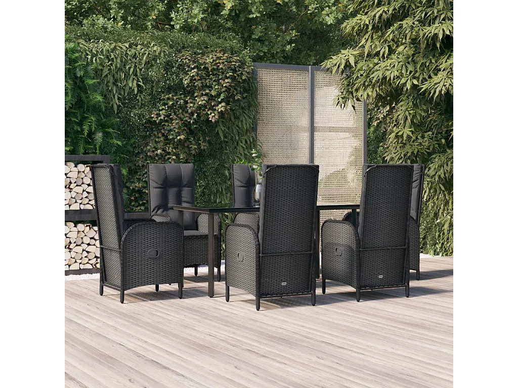 De Haan  Ensemble à manger de jardin coussins 7pcs Noir Résine tressée