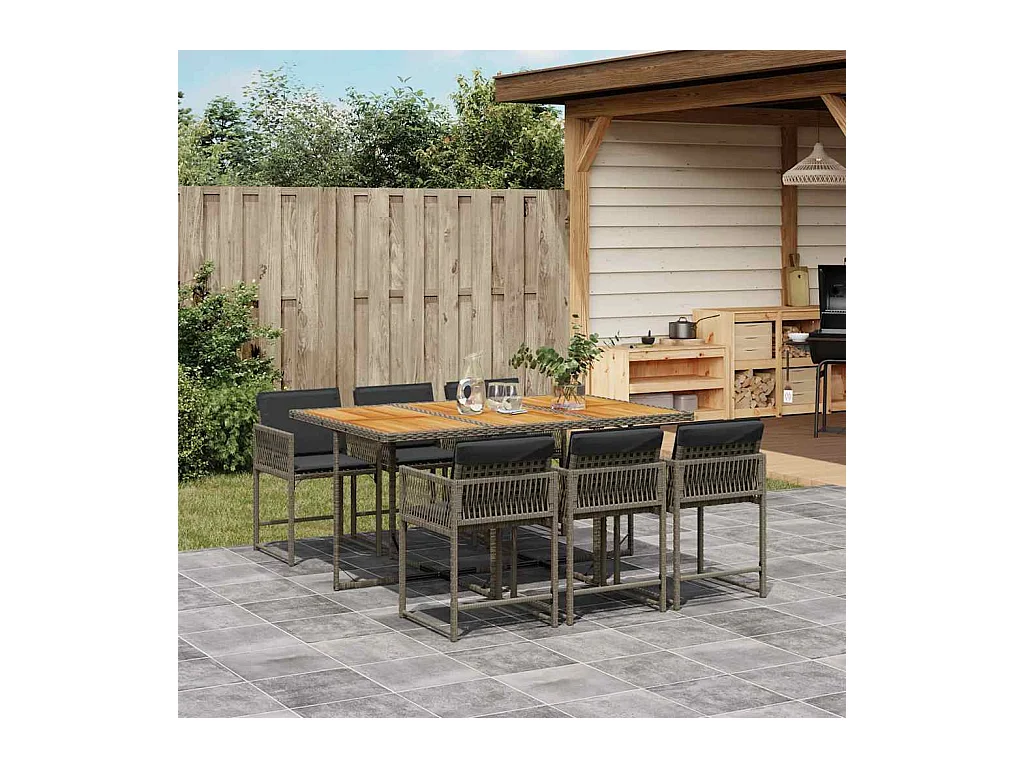 Sharif  Ensemble à manger de jardin et coussins 7 pcs gris rotin