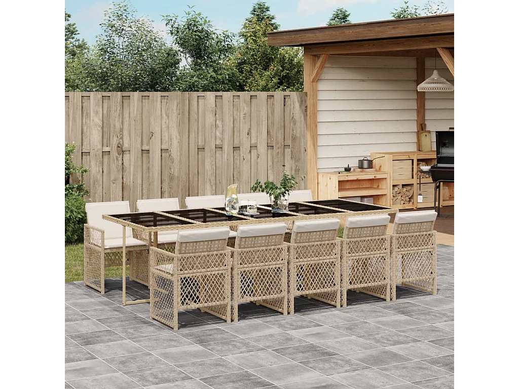 Connersville  Ensemble à manger de jardin et coussins 11 pcs beige poly rotin