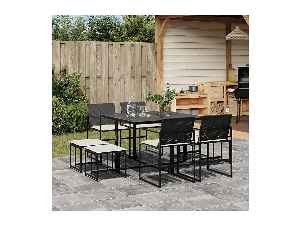 Quintus  Set de comedor de jardín 9 pzas y cojines ratán sintético negro