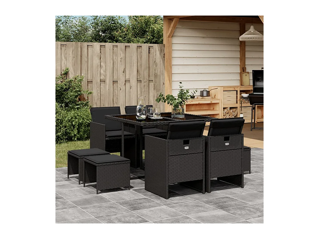 Steno  Set de comedor de jardín 9 pzas y cojines ratán sintético negro