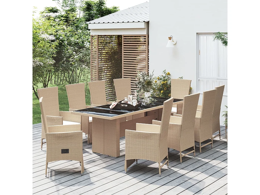 Olryn  Ensemble à manger de jardin et coussins 11 pcs beige poly rotin