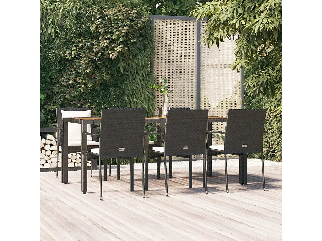 Van Buren  Set de comedor de jardín 7 pzas y cojines ratán sintético negro