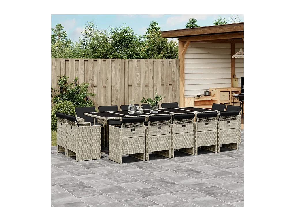 Jeroen  Ensemble à manger de jardin et coussins 15 pcs gris clair rotin