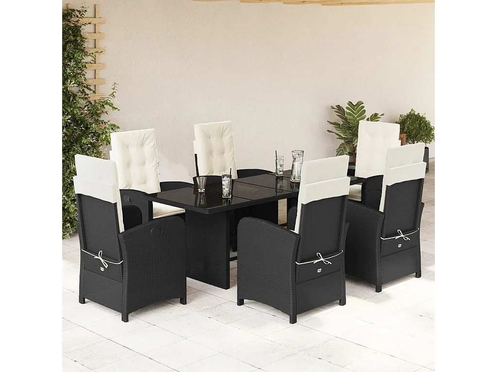 Almkerk  Ensemble à manger de jardin coussins 7pcs Noir Résine tressée